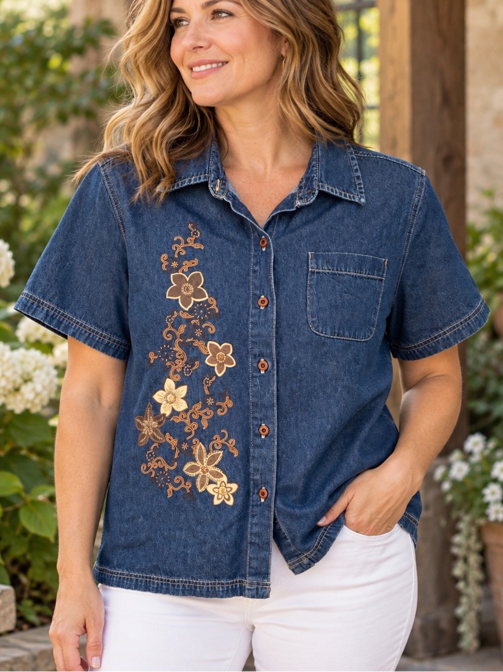 VTG 100% Cotton Erika Denim Shirt L Floral Embroidered Button Front Butter Mom